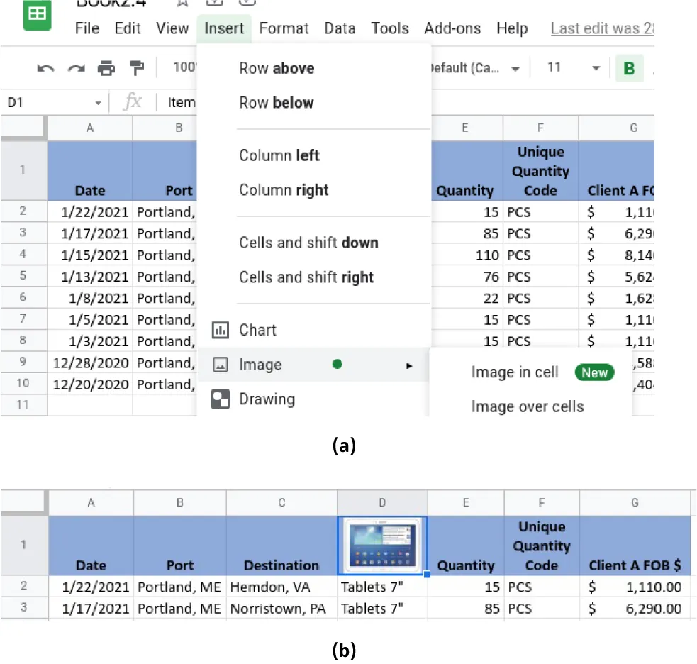 (a) Insert opens to Image selected with options for In=mage in cell and Image over cells. (b) Image of table inserted into cell D1 on the spreadsheet, filling the entire cell.