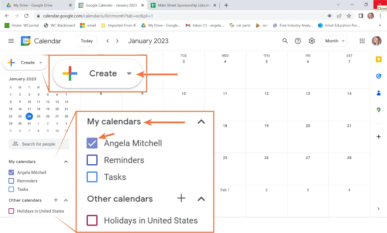 A Create button is visible in a calendar. The list of options under My calendars includes Angela Mitchell (selected), Reminders, and Tasks. Under Other calendars, Holidays in United States is listed.
