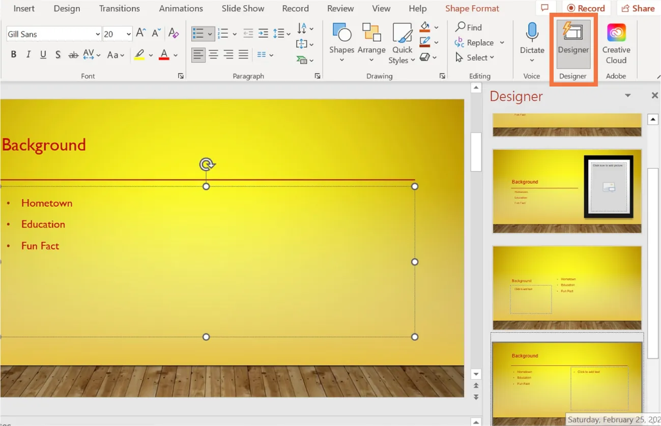 A PowerPoint screen is open with the Designer option selected. Below the Designer button is a small window showing several organization options.