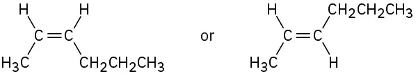 Two six-carbon chains with double bonds at C 2. Carbon substituents are pointed down in first structure, one up and one down in second structure.