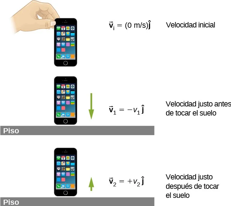 Un teléfono se ilustra en tres momentos. La figura superior muestra el teléfono muy por encima del suelo y a una velocidad inicial v sub i = 0 metros por segundo. La figura del medio muestra el teléfono cerca del suelo y a una gran velocidad descendente v sub 1. Se nos dice que el vector v sub 1 es igual a menos v sub 1 por el vector j y que esta es la velocidad justo antes de golpear el suelo. La figura inferior muestra el teléfono cerca del suelo y a una pequeña velocidad ascendente v sub 2. Se nos dice que el vector v sub 2 es igual a más v sub 2 por el vector j y que esta es la velocidad justo después de golpear el suelo.