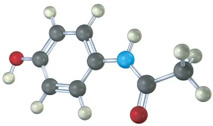 The ball and stick model of acetaminophen where grey, black, blue and red spheres represent hydrogen, carbon, nitrogen, and oxygen, respectively.