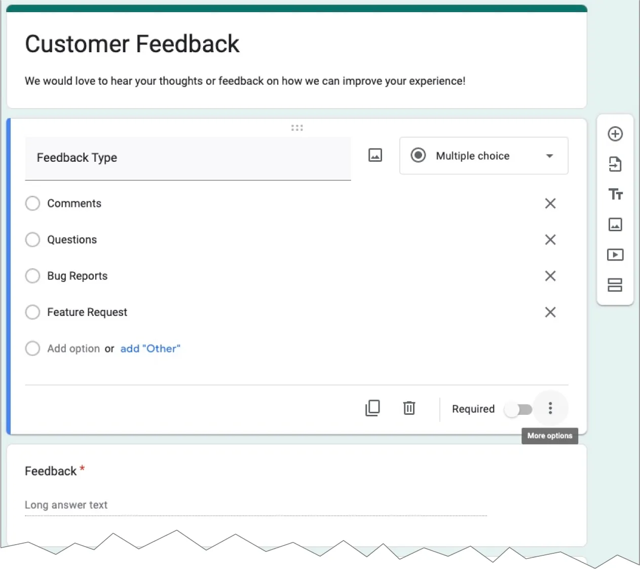 Customer Feedback template offers sample questions and options. A Feedback * window runs along the bottom. A toolbar offers options: Add question, Import questions, Add title/description, Add image, Add video, Add section.
