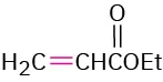 The structure of ethyl propenoate (Michael acceptor) shows a three-carbon chain where the second and third carbon share double bond. An ethoxy group is attached to the first carbonyl carbon.