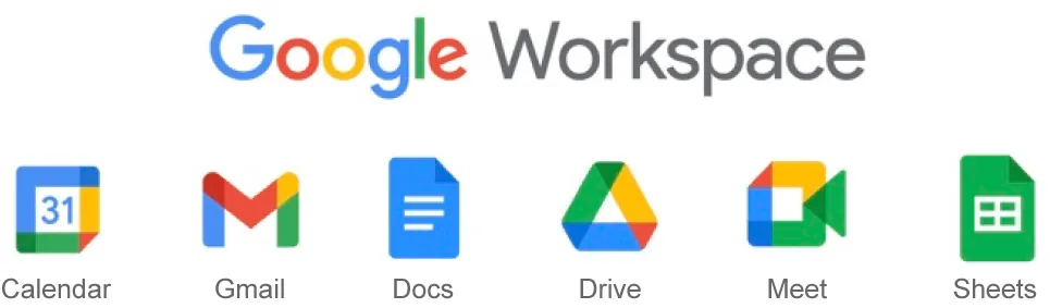 The words Google Workspace are visible across the top and icons for these functions are displayed: Calendar, Gmail, Docs, Drive, Meet, and Sheets.