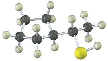 The ball-and-stick model of the compound in which a five-membered cyclic ring is bonded with an ethyl group to which a thiol group is bonded.