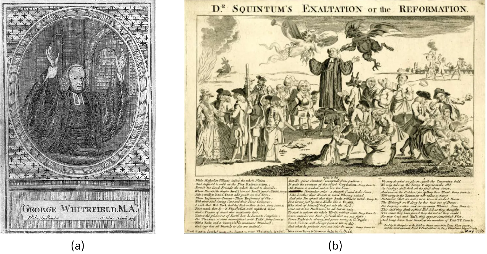 Illustration (a) shows George Whitefield preaching, with his hands raised and a neutral facial expression. Cartoon (b) shows George Whitefield preaching, again with his hands raised, surrounded by men and women; he is flanked from above by an angel on one side, a devil on the other. In the surrounding crowd, groups of men seem to be lecturing or harassing people; for example, in the far right corner two men are overturning the table of a woman, perhaps a vendor of some sort. The title reads “Dr. Squintum’s Exaltation or the Reformation.”