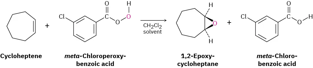 Cycloheptene reacts with meta-chloroperoxybenzoic acid where dichloromethane acts as the solvent to yield 1,2-epoxycycloheptane and meta-chlorobenzoic acid.