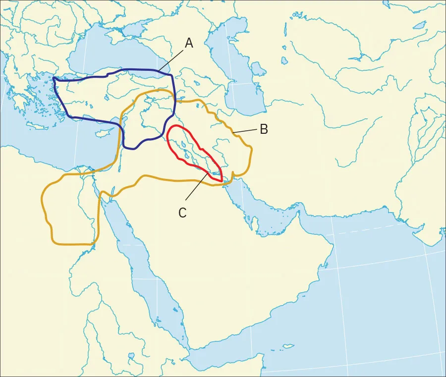 A section of a map is shown with two bodies of water at the top of the map, at the left, and along the bottom. Land is shown in the bottom left, a rectangular peninsula in the middle, and more land in the top right.  There is sparse land in the top left. The land is yellow and the water is blue. Lines of longitude and latitude can be seen in the water. In the land toward the top left corner, there is an area circled in dark blue and labeled with “A.” A larger area overlapping the lower right side of the dark blue section and in a barbell shape is labeled “B” and circled in dark yellow. A small oval area within the right side of the dark yellow area is circled in red and labeled “C.”