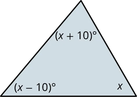 A triangle with its interior angles marked (x plus 10) degrees, (x minus 10) degrees, and x.