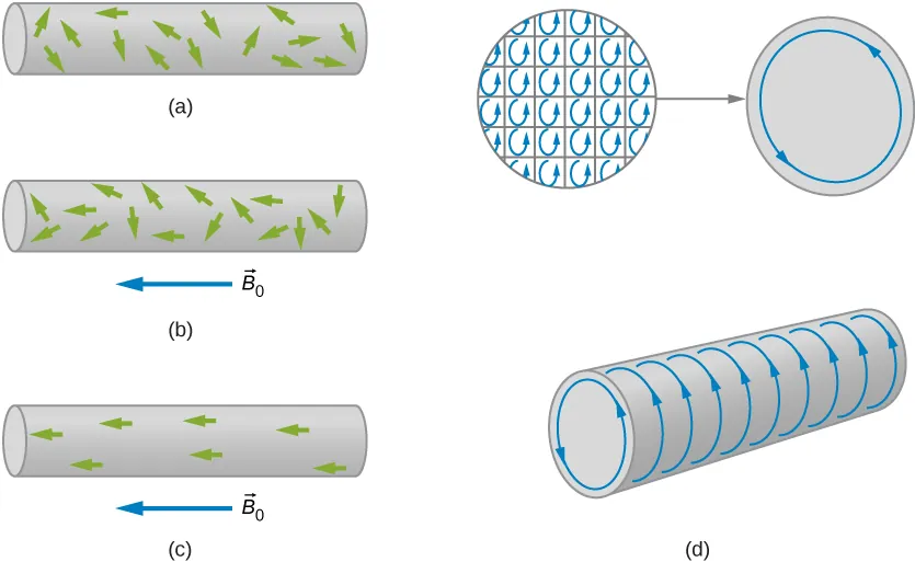 Rysunek (a) przedstawia pręt z przypadkowo zorientowanymi dipolami magnetycznymi. Rysunek (b) przedstawia domeny, które zostały częściowo zorientowane po przyłożeniu pola magnetycznego wzdłuż osi pręta. Rysunek (c) przedstawia w pełni zorientowane domeny. Rysunek (d) pokazuje, że dipole są wyrównane w obrębie pojedynczych domen i równe prądowi okrążającemu powierzchnię materiału. Powierzchnia wytwarza swoje własne pole magnetyczne, które zwiększa pole cewki.