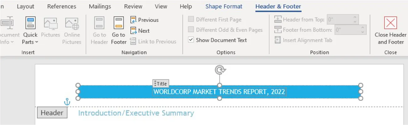Header & Footer tab is selected; various command groups visible. Text is being typed into blue header bar in document. Label with Title pops up above text.