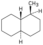 The structure of a trans-decline with dashed and wedged hydrogens at the ring junction and a wedged methyl group and dashed hydrogen on the second ring.