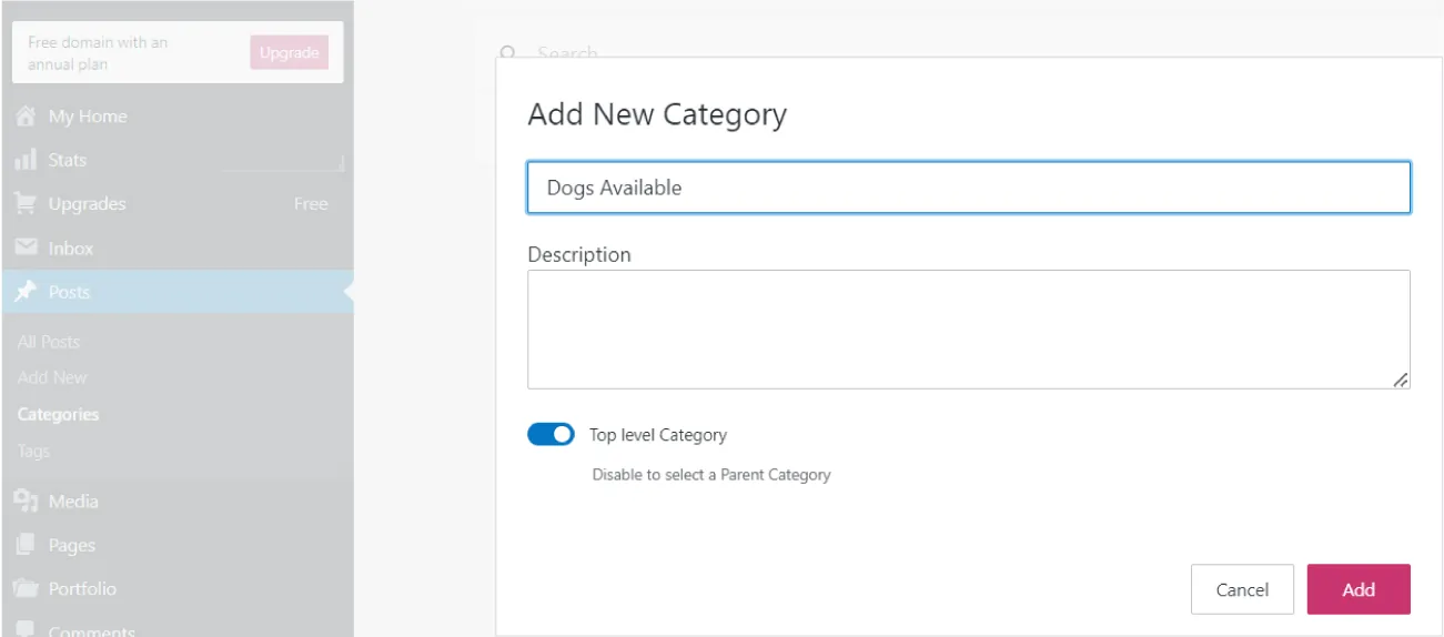 Add New Category pane displays Dogs Available in search bar. A toggle button is turned on for Top level Category (Disable to select a Parent Category reads below). Add buttons available.