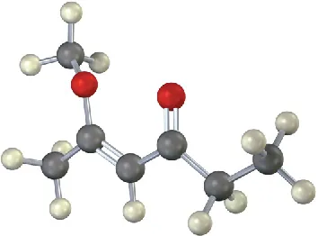 The ball-and-stick model has a 6-carbon chain with double bond between C 2-C 3. C 2 is bonded to methoxy group. C 4 is carbonyl group.
