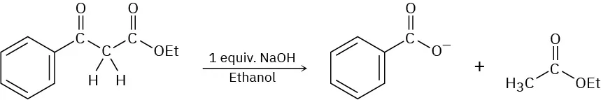 Ethyl benzoylacetate reacts with sodium hydroxide and ethanol, forming benzoate ion and ethyl acetate.