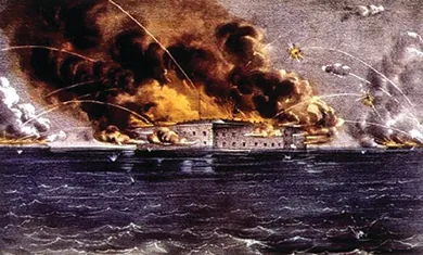 A lithograph shows the Confederacy’s attack on Fort Sumter, which explodes in flames.