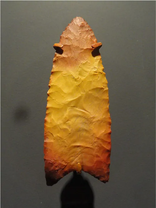 A picture of an arrow-shaped pointy object. The bumpy object is orange at the top point, turns yellow in the middle and the back to orange at the bottom upside down “U” shape. At the top on either side is a notch with a piece sticking up. The edged are fluted and sharp.