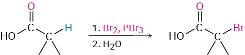 A carboxylic acid reacts with bromine and phosphorus bromide in one step and with water in a second step to form an alpha brominated carboxylic acid as the product.
