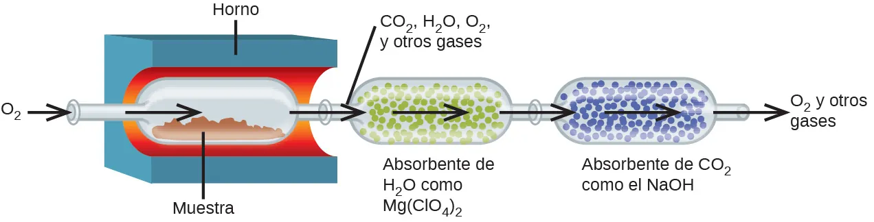 Este diagrama muestra una flecha que apunta desde el O subíndice 2 hacia un tubo que conduce a un recipiente que contiene un material rojo etiquetado como "Muestra". Este recipiente está dentro de un contenedor azul con un revestimiento interior rojo que está etiquetado como "Horno". Una flecha señala desde el tubo de la derecha hacia el recipiente sobre el material de muestra rojo. Una flecha sale de este recipiente a través de un tubo hacia un segundo recipiente fuera del horno. Una línea apunta desde este tubo a una etiqueta sobre el diagrama que dice "C O subíndice 2, H subíndice 2 O, O subíndice 2, y otros gases". Muchas pequeñas esferas verdes son visibles en el segundo recipiente que está etiquetado abajo, "Absorbente de H subíndice 2 O como M g ( C l O subíndice 4 ) subíndice 2". Una flecha señala hacia la derecha a través del recipiente, y otra flecha señala hacia la derecha dirigiéndose hacia fuera del recipiente a través de un tubo hacia un tercer recipiente. El tercer recipiente contiene muchas pequeñas esferas azules. Está etiquetado como "Absorbente C O subíndice 2 como N a O H". Una flecha apunta a través de este recipiente y una última flecha apunta a un tubo en el extremo derecho del recipiente. Fuera del extremo de este tubo, al final de la flecha, está la etiqueta "O subíndice 2 y otros gases".