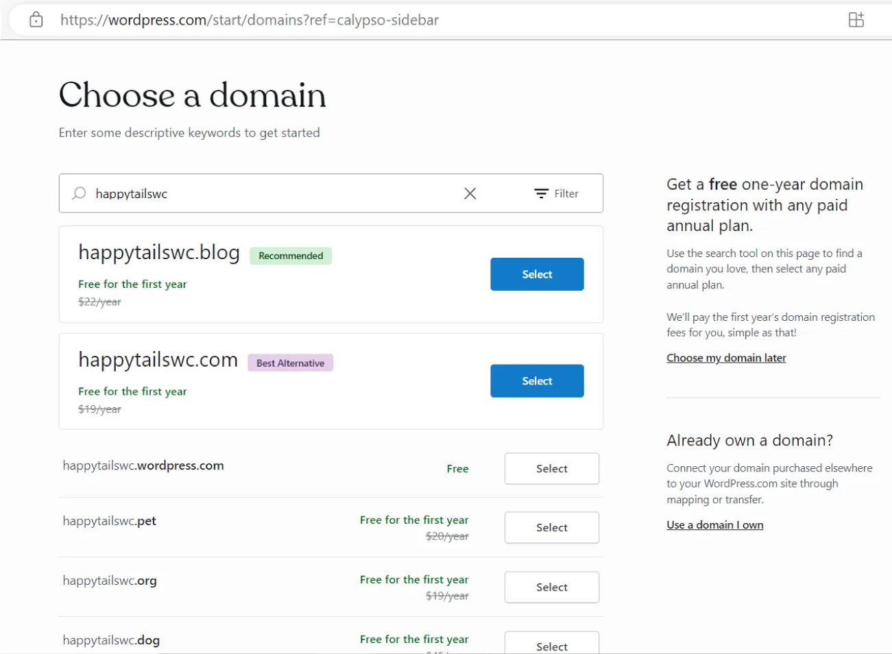 A WordPress Choose a domain page displays happytailswc in the search bar. Options for site names with alternatives list beneath.    