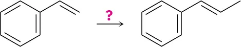 Styrene reacts in the presence of an unknown reagent indicated by a question mark to form prop-1-en-1ylbenzene.