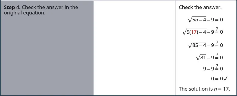 Step 4 is to check the answer in the original equation. Does the square root of the quantity 5 times 17 minus 4 in parentheses minus 9 equal zero? Simplifying the left side we get square root of the quantity 85 minus 4 in parentheses minus 9 and then square root of 81 minus 9 and then 9 minus 9 which does equal 0. This verifies that the solution is n equals 17.