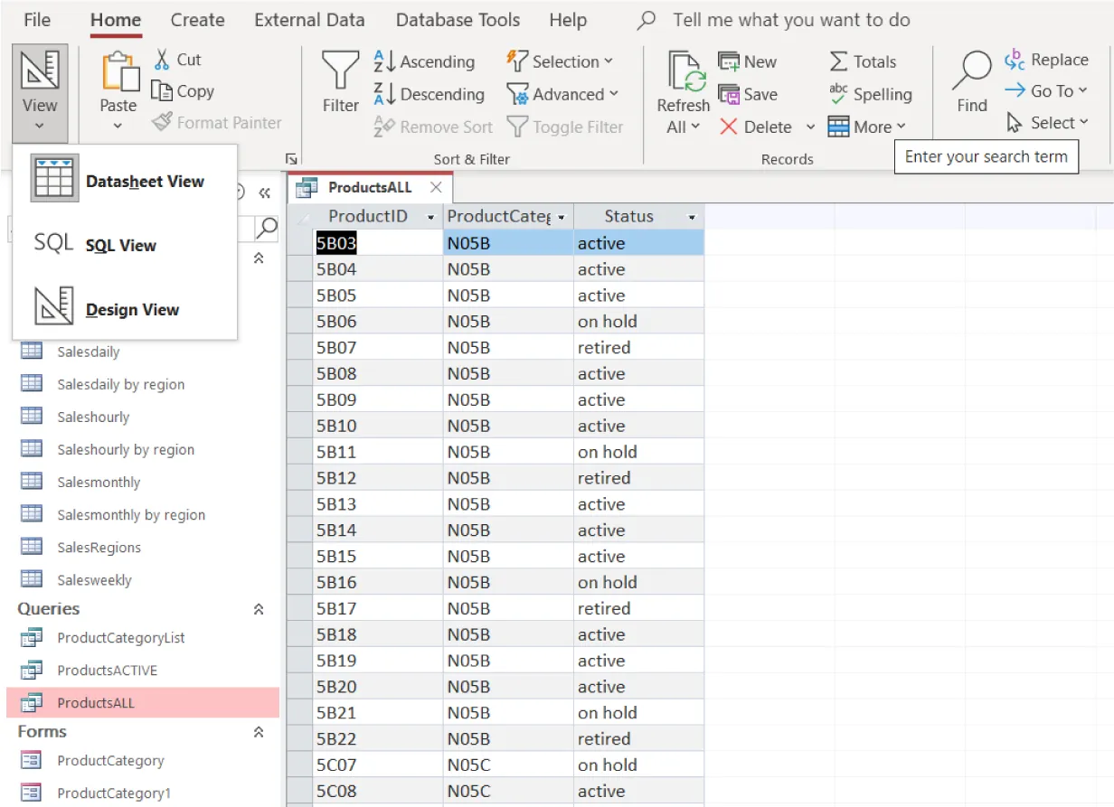 View button selected and opens to options: Datasheet View, SQL View, Design View. ProductsALL is selected from Queries. Tab for ProductsALL opens at right listing information in three columns: ProductID, ProductCateg, Status.