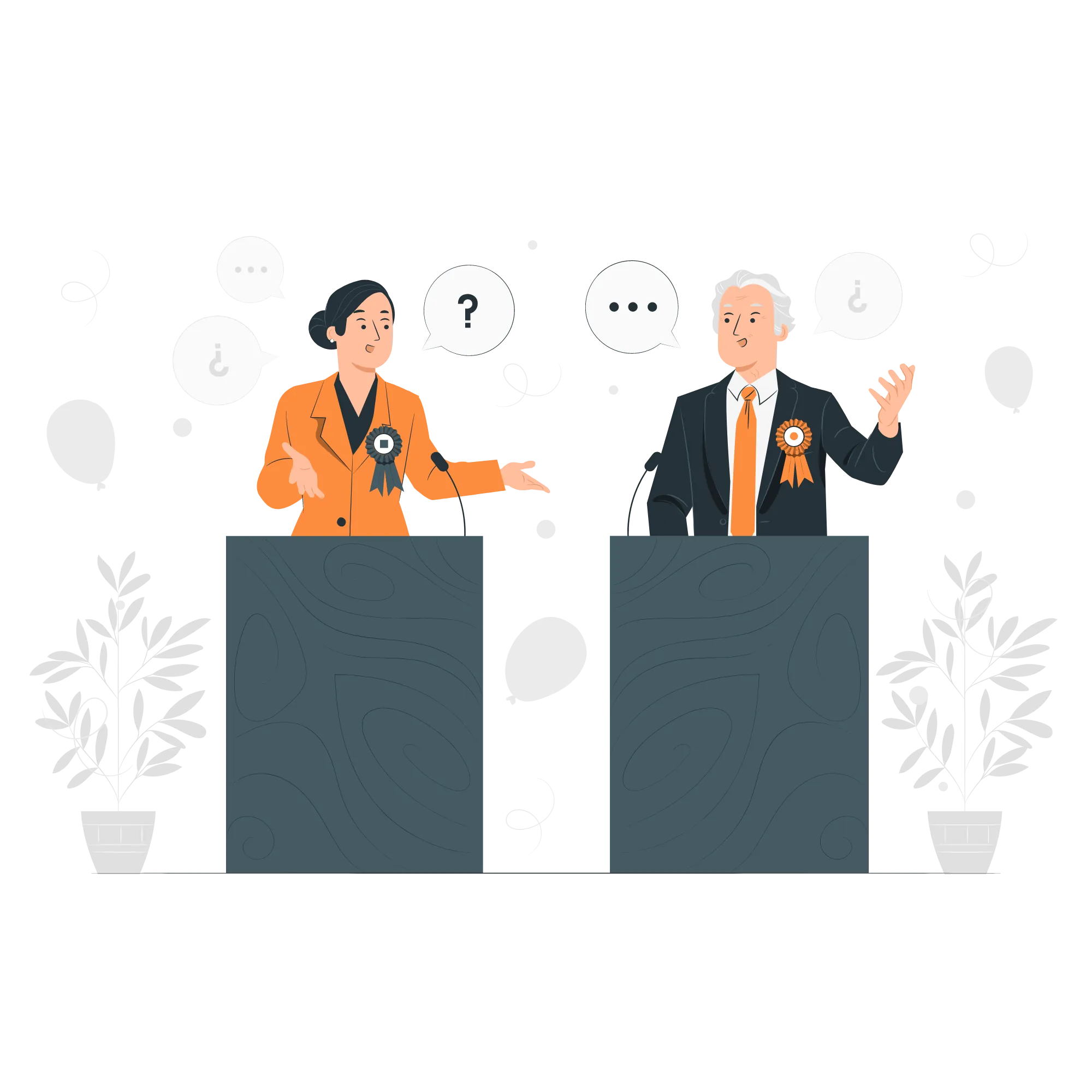 Two people stand at podiums, engaged in a debate. Both wear suits with rosette pins and speak animatedly. Speech bubbles with question marks and ellipses hover above them. Balloons and plants decorate the scene.
