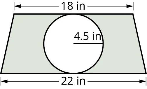 A circle is drawn with a trapezoid. The top and bottom bases of the trapezoid measure 18 inches and 22 inches. The radius of the circle is marked 4.5 inches. The circle touches the top and bottom bases of the trapezoid. The region outside the circle is shaded.