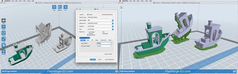 Two software screens show design and build plan processes for an additive manufacturing process. On the first screen, the three benchmark boats being printed are depicted without supports. A software dialog box is visible showing various design options, including support visibility. On the second screen, the boats now show very clear supports.
