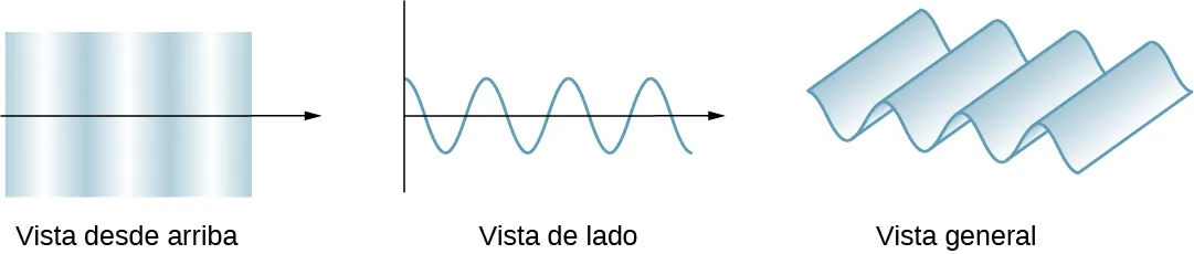 Tres figuras contienen tres vistas de una onda. La primera es una vista desde arriba. La onda se propaga hacia la derecha y aparece como una serie de franjas verticales que alternan gradualmente de oscuro a claro y se repiten. La siguiente vista es una vista lateral. La onda se propaga de nuevo hacia la derecha y aparece como una curva sinusoidal que oscila por encima y por debajo de una flecha negra que apunta a la derecha y que sirve de eje horizontal. La tercera es una visión de conjunto. Esta es una vista en perspectiva de una onda de la misma longitud de onda que en las dos primeras imágenes y parece una superficie ondulada.