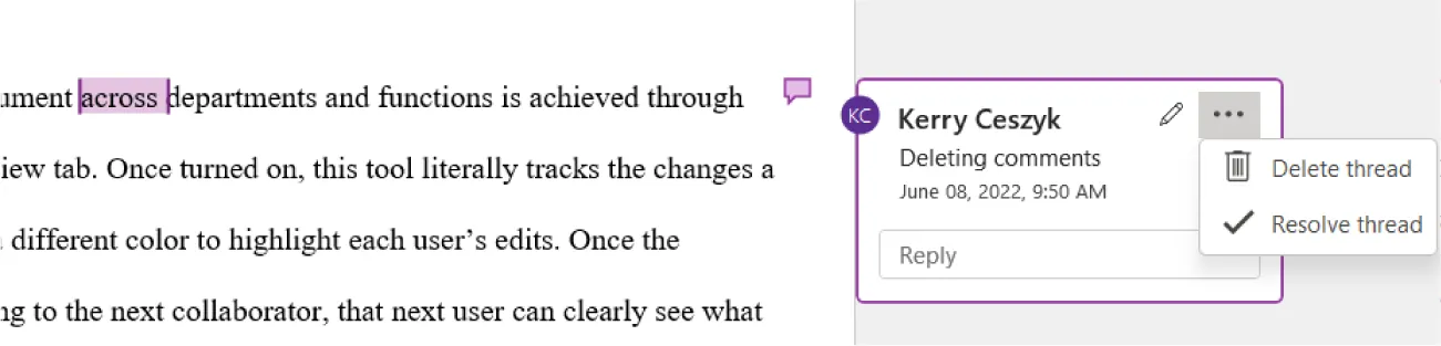 The word “across” is highlighted and a speech bubble is visible. Three dots in the comment box open to options for Delete thread and Resolve thread (selected).