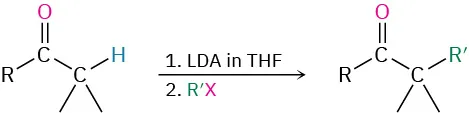 An alkyl ester reacts with L D A in T H F in the first step and alkyl halide in the second step to yield an alpha alkylated ketone.