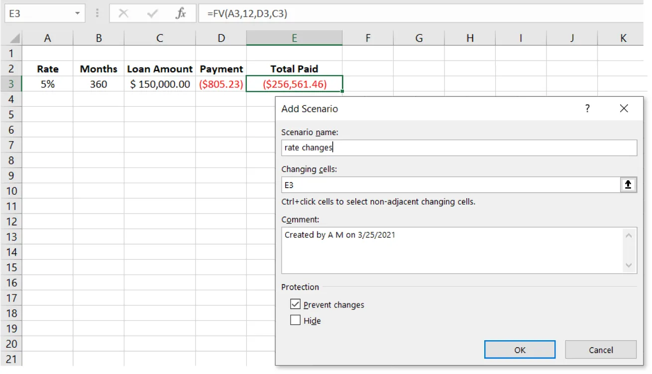 Add Scenario pane displays options: Scenario Name: (rate changes), Changing cells: (E3), Ctrl+click cells to select non-adjacent changing cells. reds beneath, Comment: (Created by AM on 3/25/2021), Protection (Prevent changes (selected), Hide).