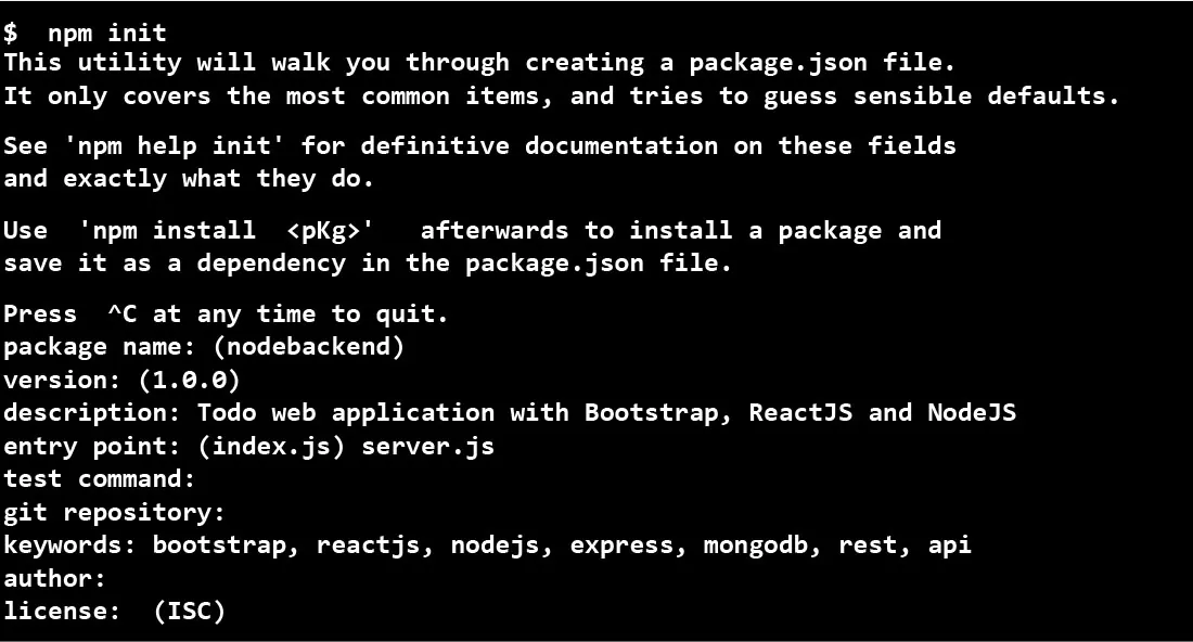 Screenshot of prompts for NodeJS.