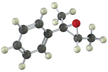 A ball-and-stick model with a benzene ring linked to an epoxide ring which is connected to hydrogen and two methyl groups on both sides.