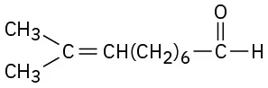 The structure of 9-methyldec-8-enal shows a ten-carbon chain with a double bond between the eighth and ninth carbons, a methyl at the ninth carbon, and an aldehyde at C 1.