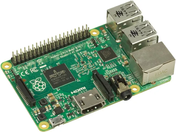 Photo of a Raspberry Pi 2 (model B), showing an HDMI port, audio/video port, Micro USB power input and two ribbon connectors.