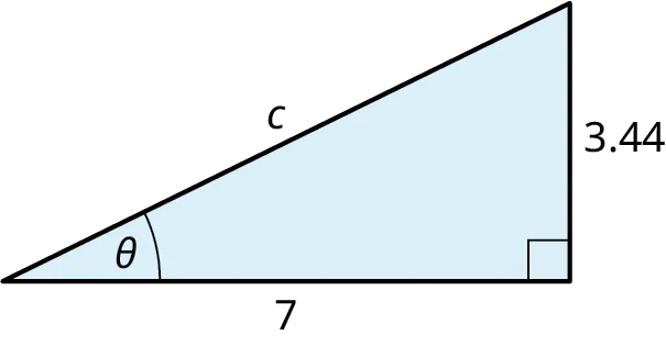 A right triangle. The legs are marked 3.44 and 7. The hypotenuse is marked c. The angle formed by the horizontal leg and hypotenuse is marked theta.
