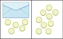 The image is divided in half vertically. On the left side is an envelope with 5 counters below it. On the right side is 9 counters.