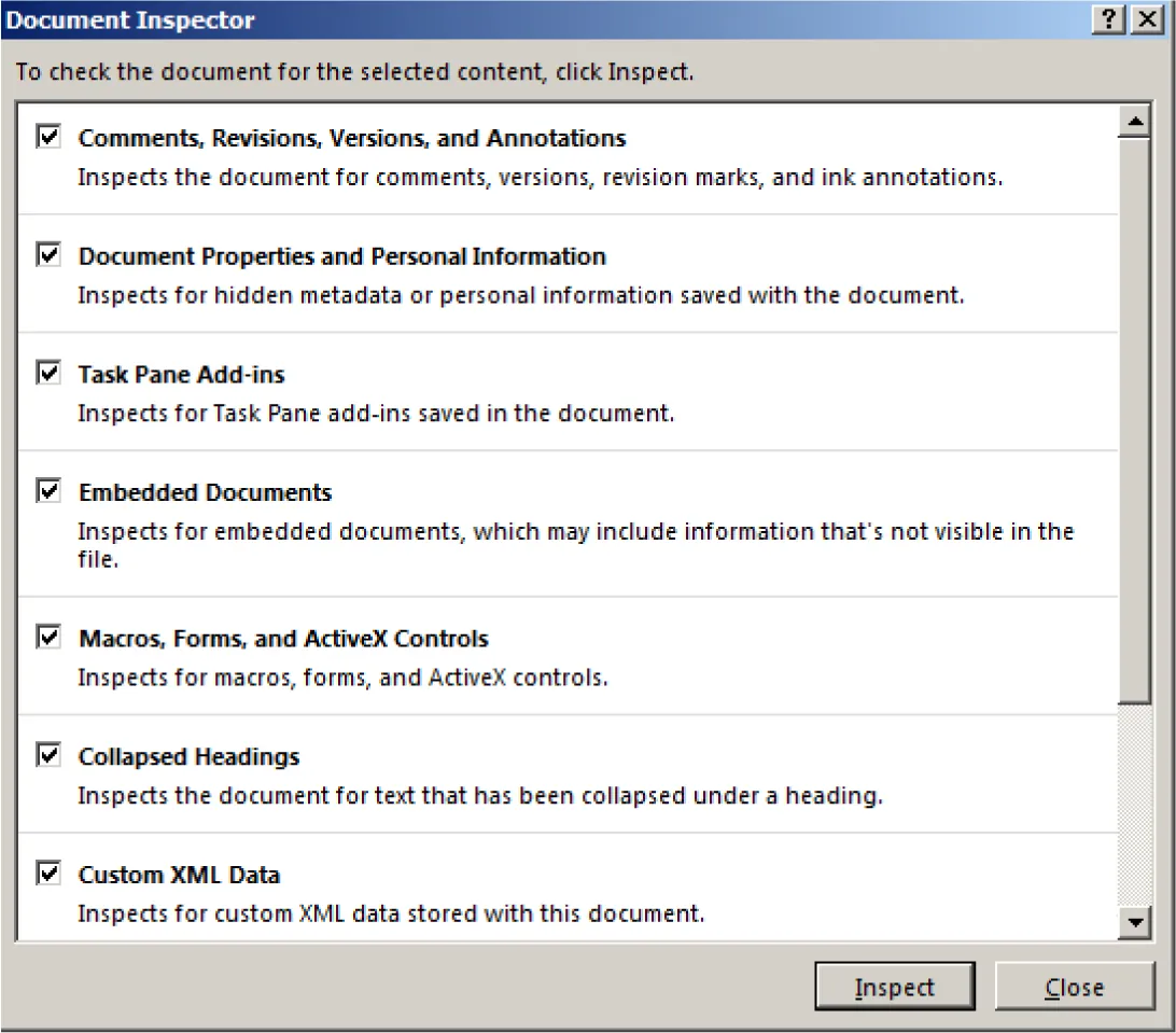 A Document Inspector window offers options for selection. This reads across the top: To check the document for the selected content, click Inspect.