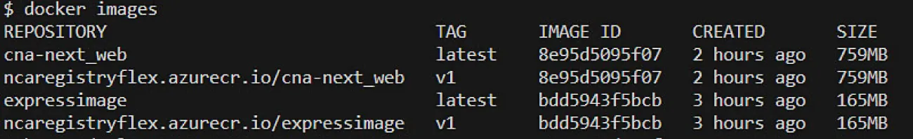 A screenshot shows the list of docker images with TAG, IMAGE ID, CREATED, SIZE.