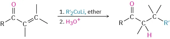 An alpha beta-unsaturated compound reacts with R dash 2 C u L i, ether and hydronium ion to form a compound with carbonyl and beta R prime group.