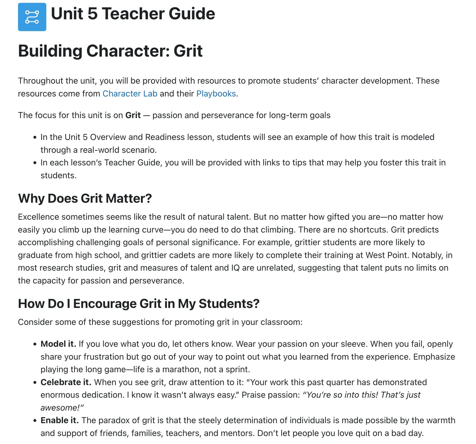 A screenshot from the curriculum showing part of the teacher guide that explains how to implement the Building Character supports. The content focus in this example is about grit.