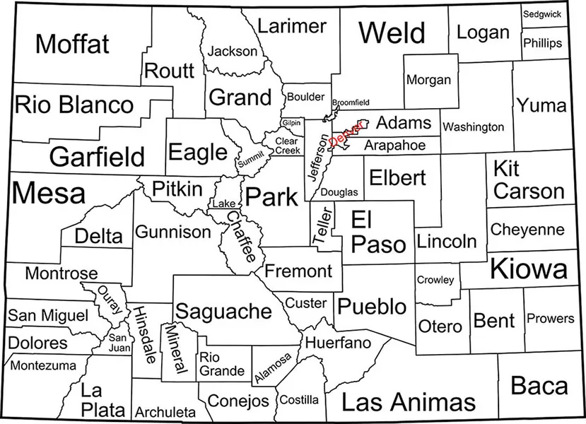 An outline map of Colorado's counties.