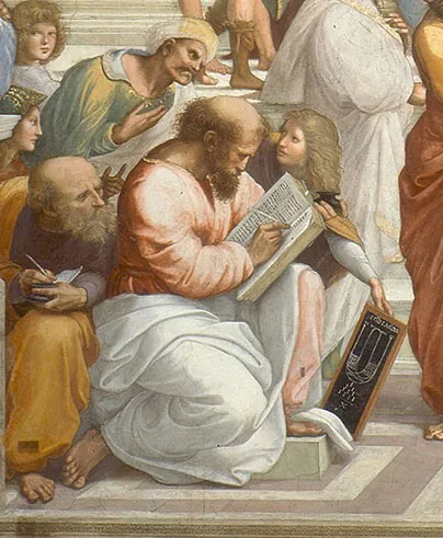 Pythagoras is shown writing in a book as a young man presents him with a tablet showing a diagrammatic representation of a lyre above a drawing of the sacred tetractys.