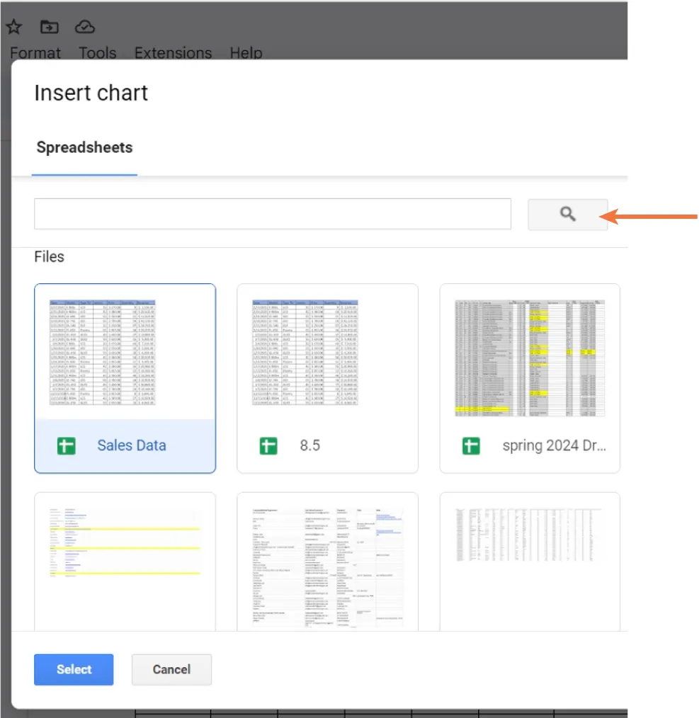 Insert chart window displays a Spreadsheets tab at the top. A Search option is available. Thumbnails of files display for selection. Select button at bottom.