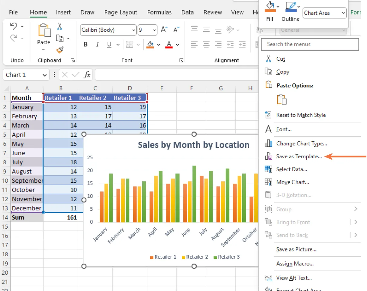 Save as Template is selected from a menu. A Clustered Column Chart representing information highlighted from the spreadsheet in the background is visible.