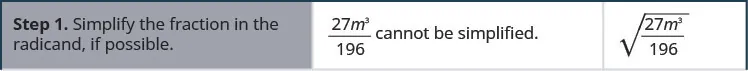 The first step in the process is to simplify the fraction in the radicand, if possible. In this example the quantity 27 m cubed in parentheses divided by 196 cannot be simplified.